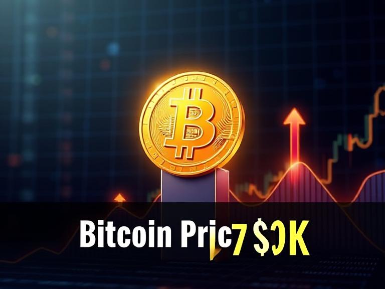 Bitcoin price chart showing rise to $70,000 in 2025 with upward trend and BTC coin logo